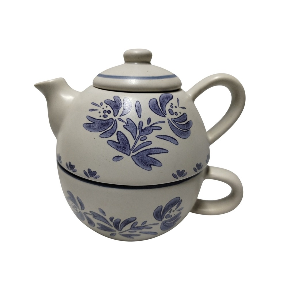 Pfaltzgraff Yorktowne Tea For One Set Blue Floral Stoneware Teapot and Cup 3pc